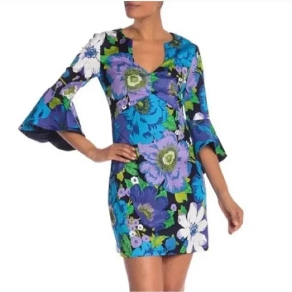 Trina Turk Winnie Wild Flower Faille Bell-Sleeve Dress NWT Sz 0 - Picture 1 of 9